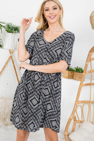 Folded short sleeve boho print black dress