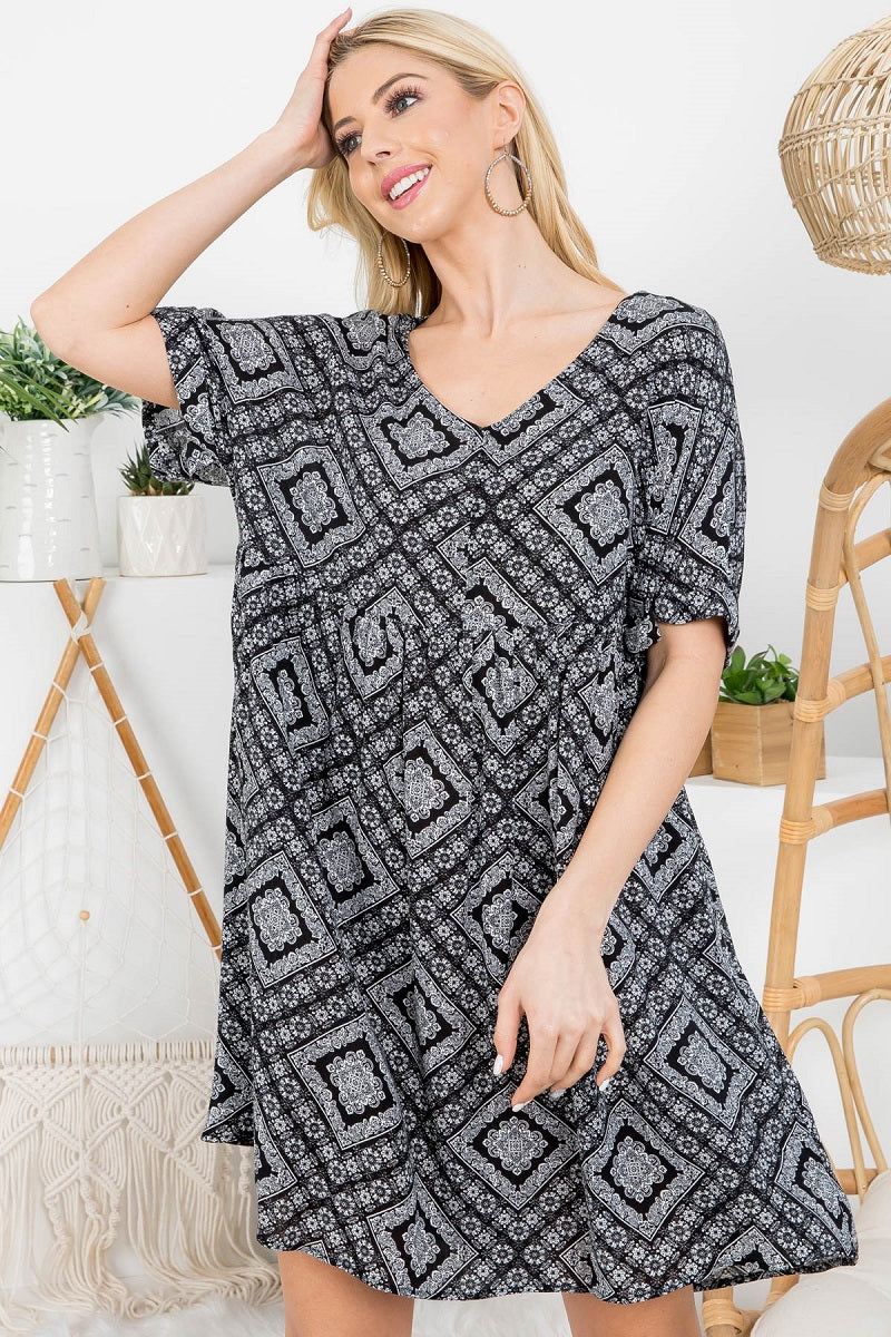 Folded short sleeve boho print black dress