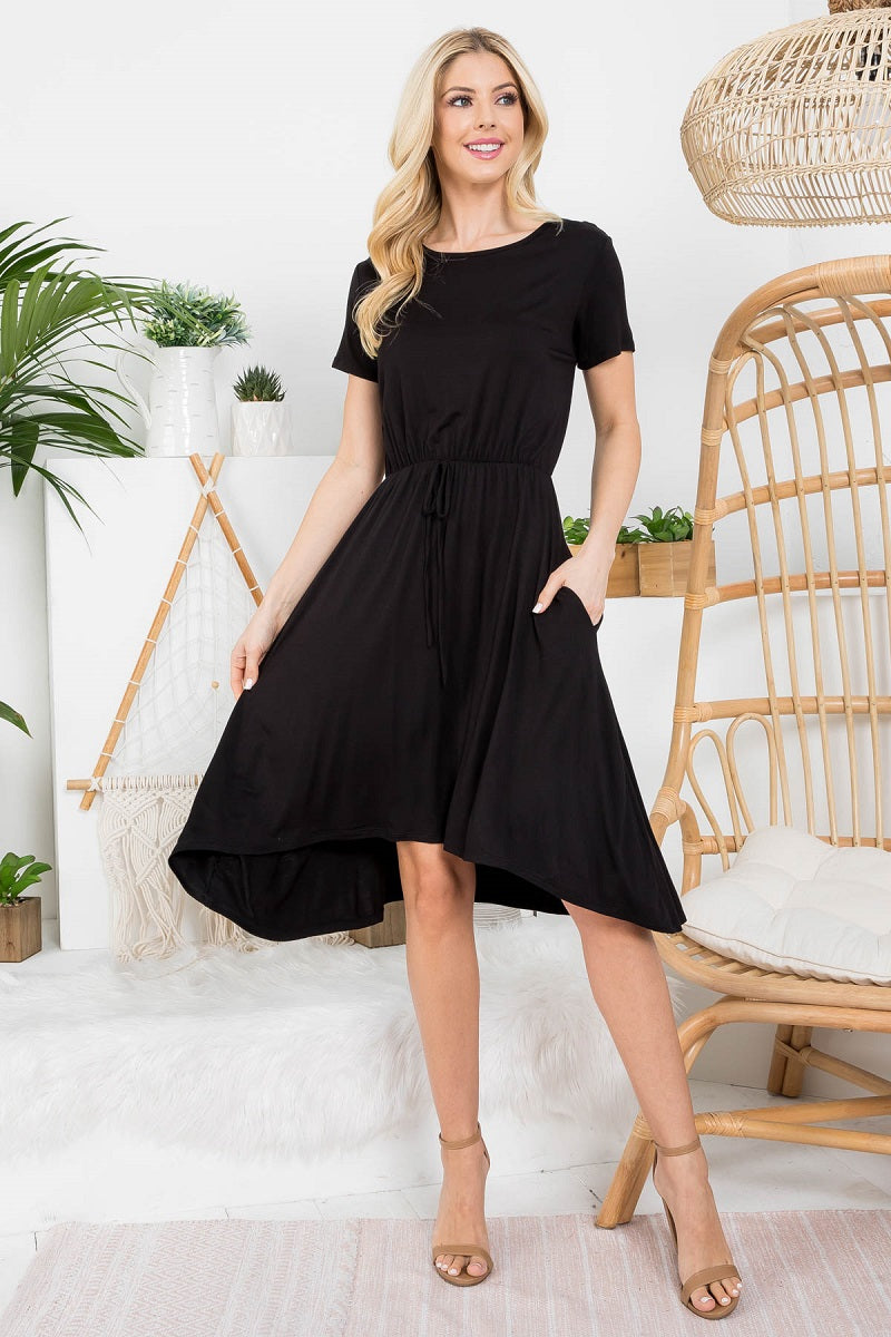 Short sleeve crew neck tie front dress black