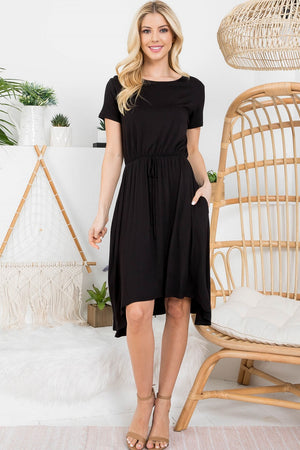 Short sleeve crew neck tie front dress black