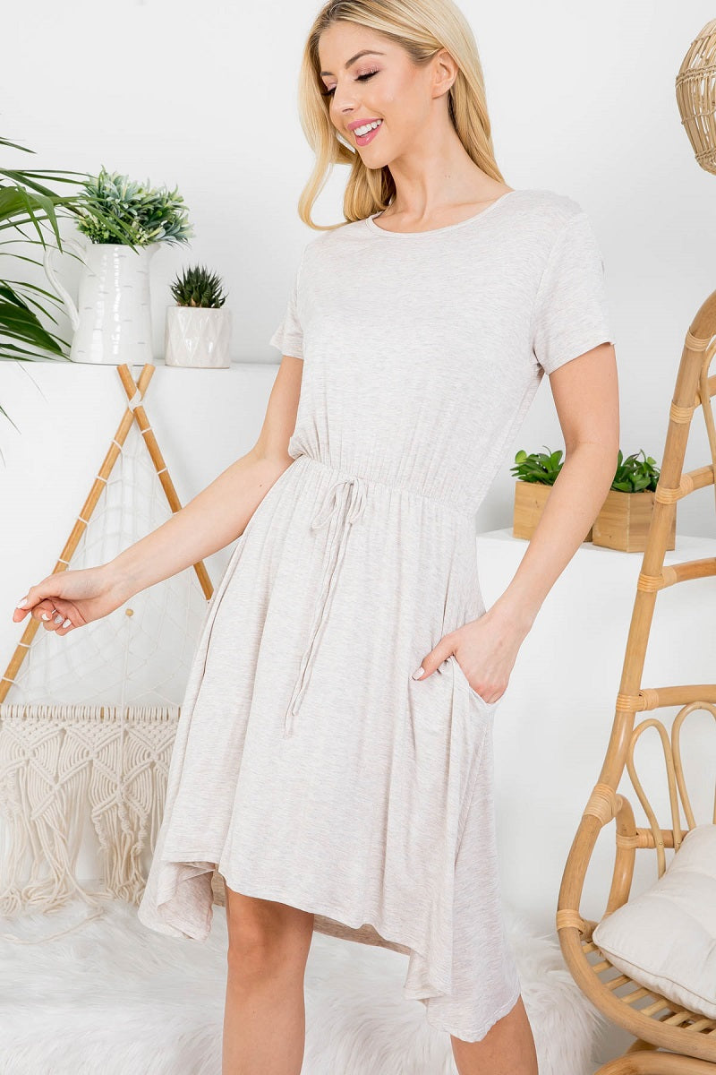 Short sleeve crew neck tie front oatmeal dress