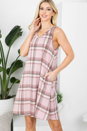 V neck french terry plaid pocket dress