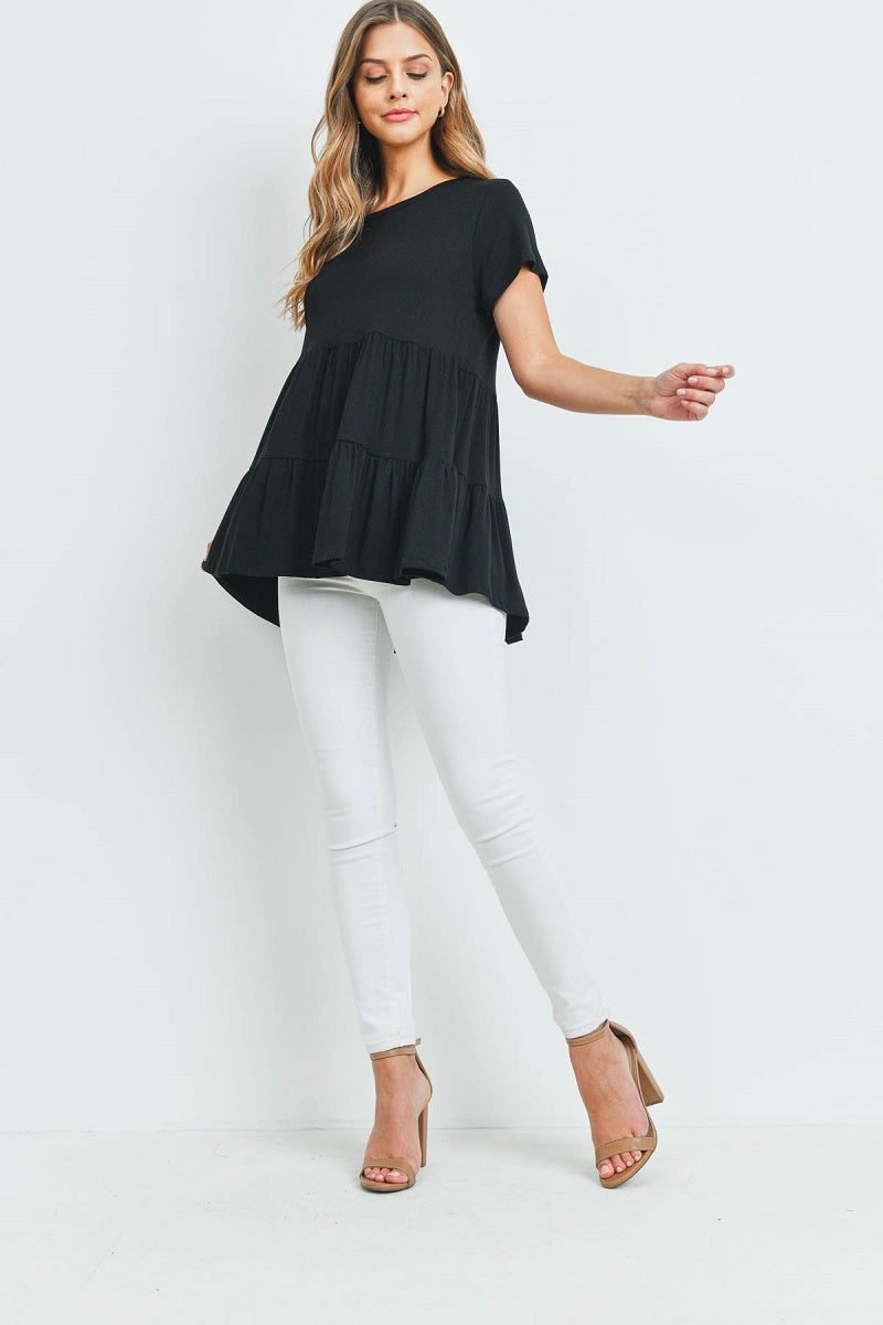 Round neck shirred top tunic black