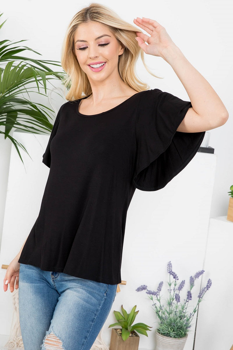 Flutter short sleeve scoop neck top in black color