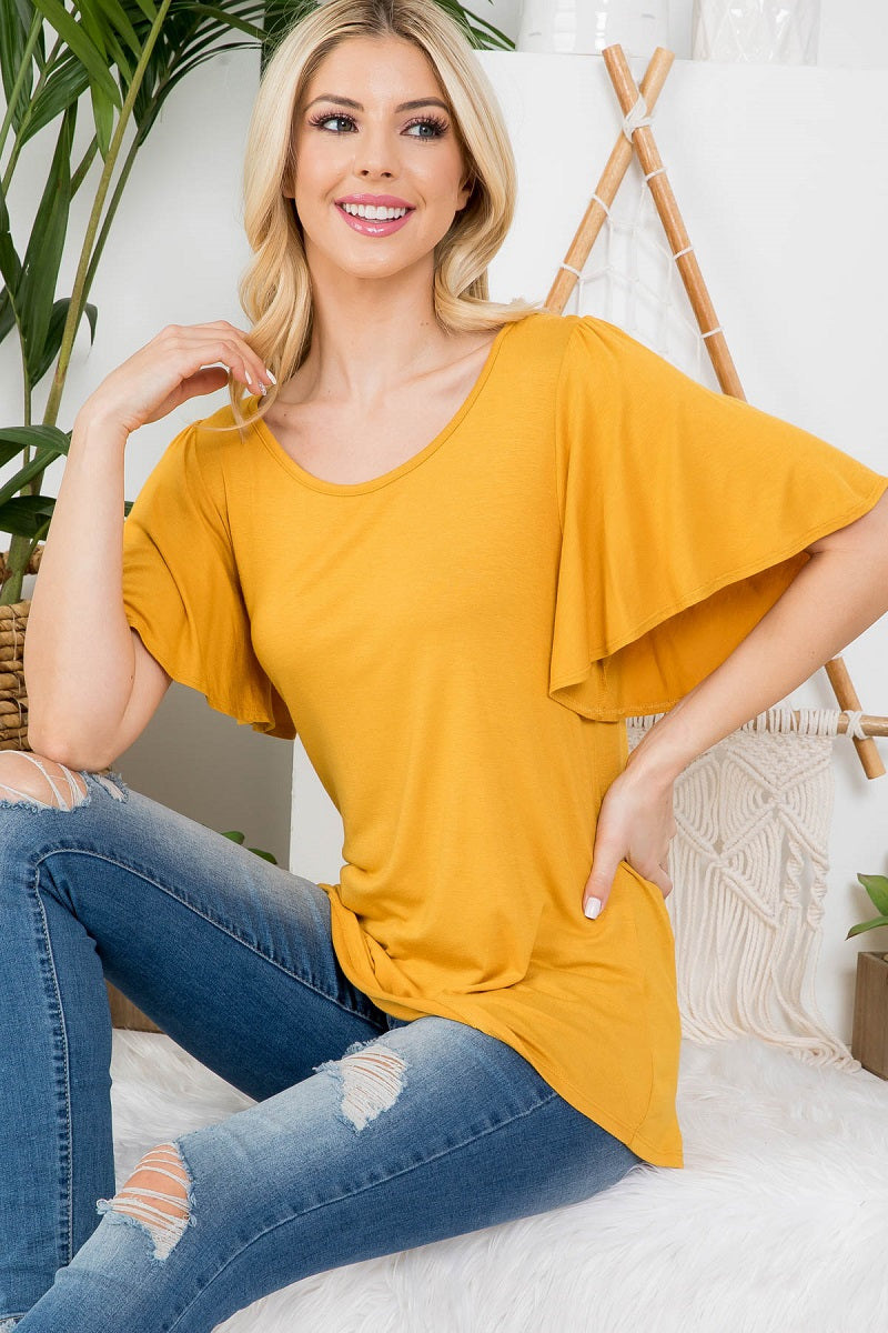 Flutter short sleeve scoop neck top in mustard color