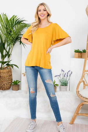 Flutter short sleeve scoop neck top in mustard color