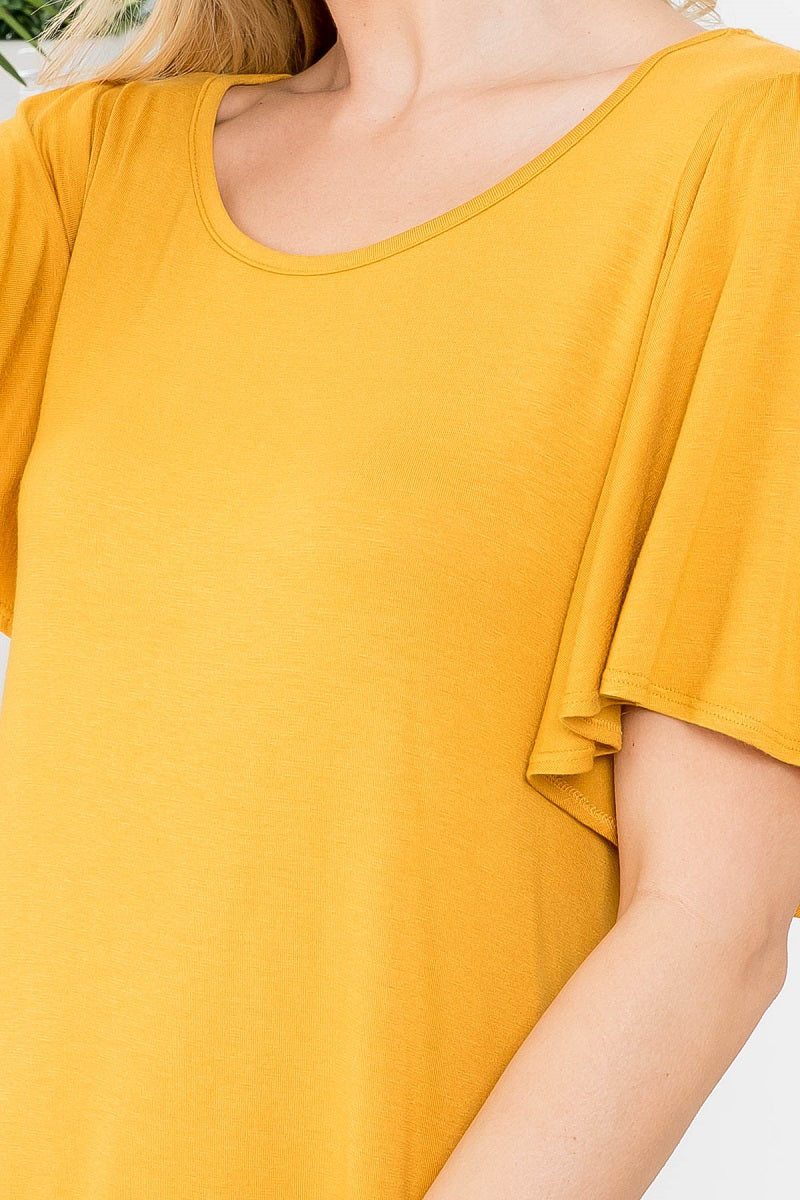 Flutter short sleeve scoop neck top in mustard color