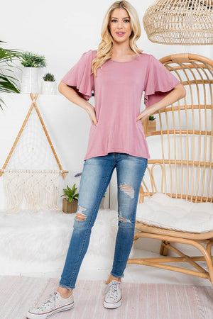 Flutter short sleeve scoop neck top in dusty rose color