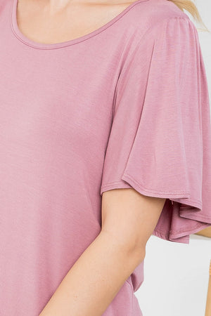 Flutter short sleeve scoop neck top in dusty rose color