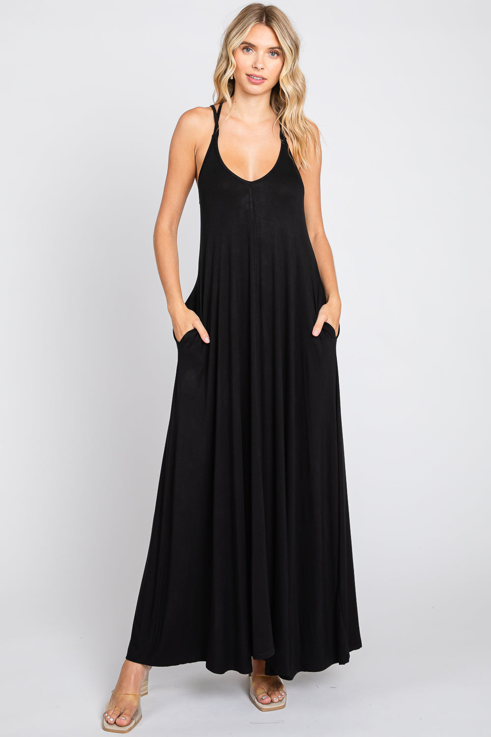 Double strap v neck maxi dress with pocket a line black