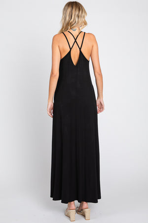 Double strap v neck maxi dress with pocket a line black