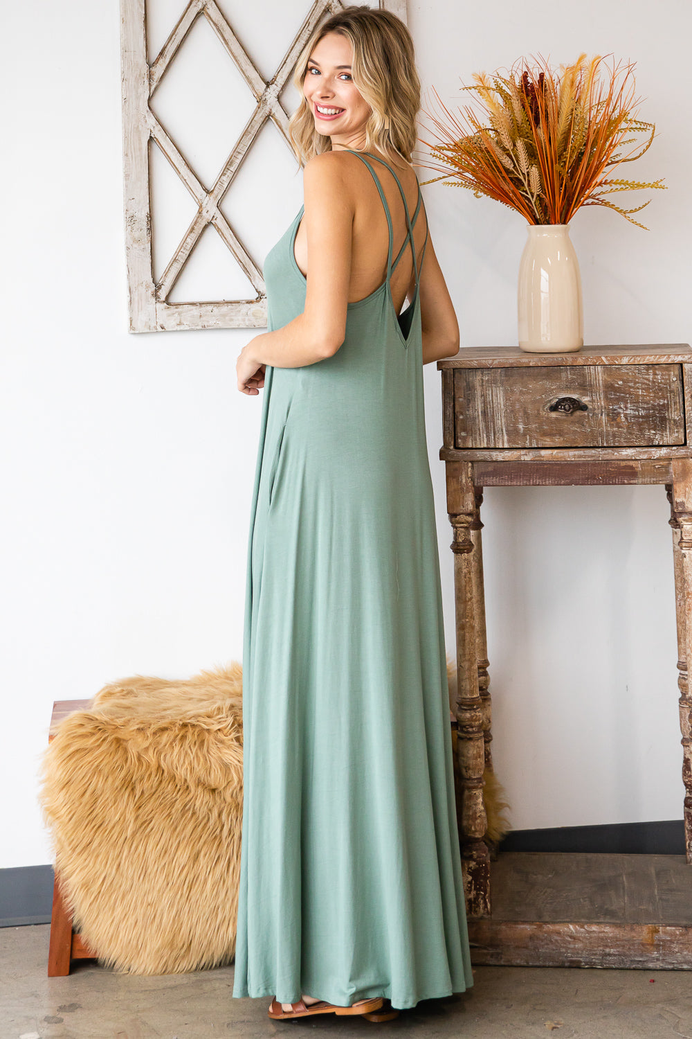 Double strap v neck maxi dress with pocket a line sage