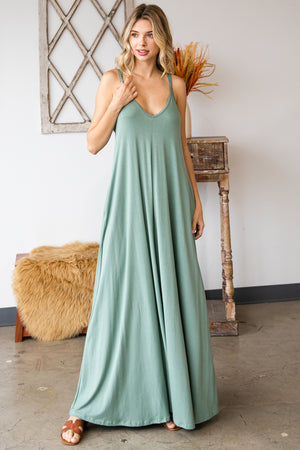 Double strap v neck maxi dress with pocket a line sage