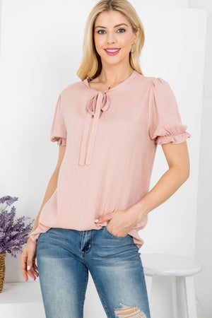 Tie front neck short sleeve woven top Dusty Rose