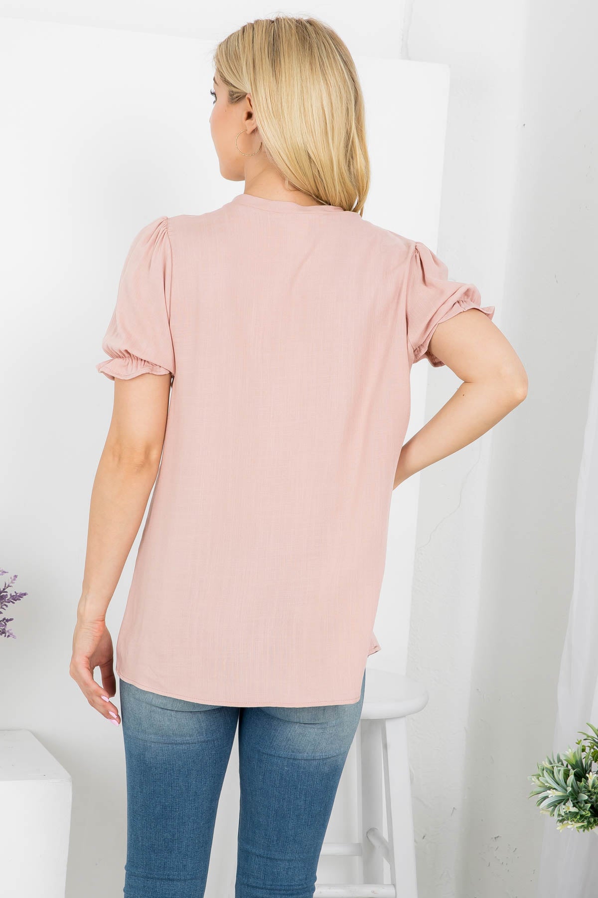 Tie front neck short sleeve woven top Dusty Rose