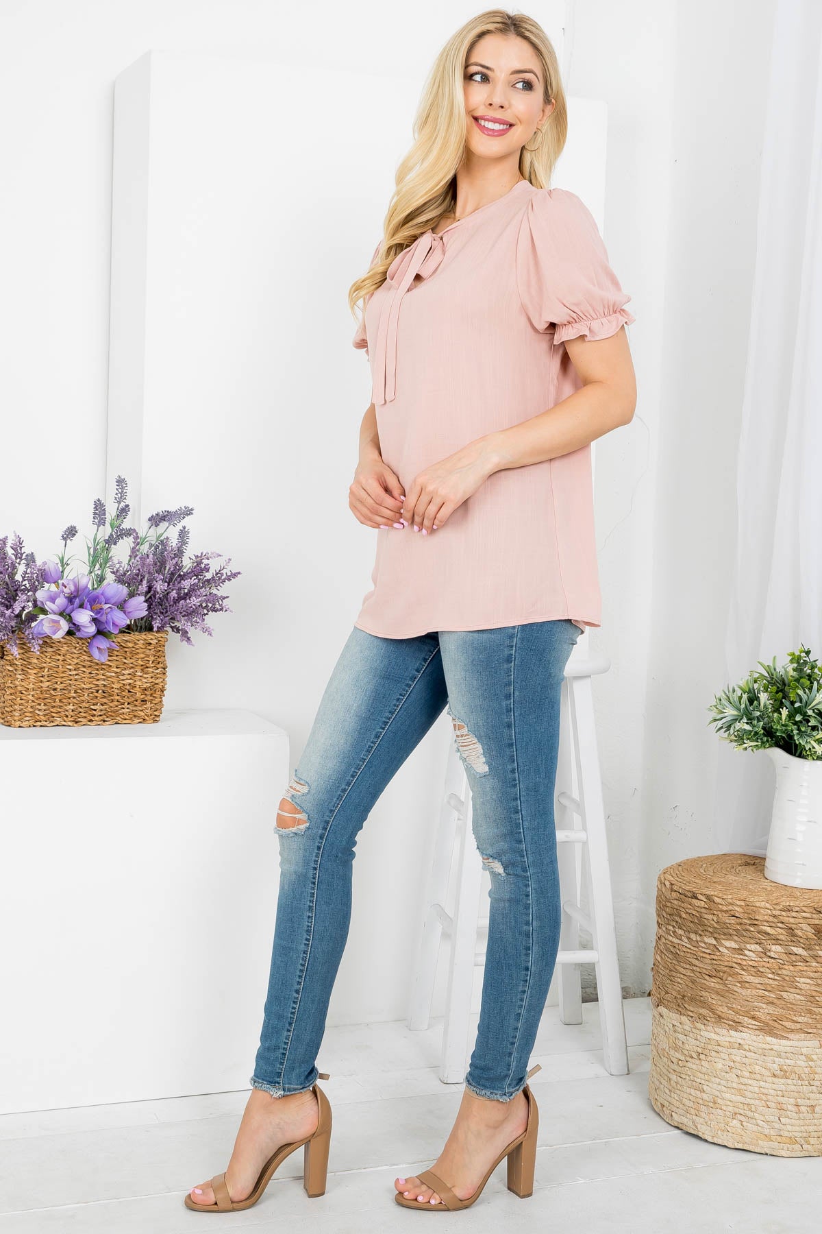 Tie front neck short sleeve woven top Dusty Rose