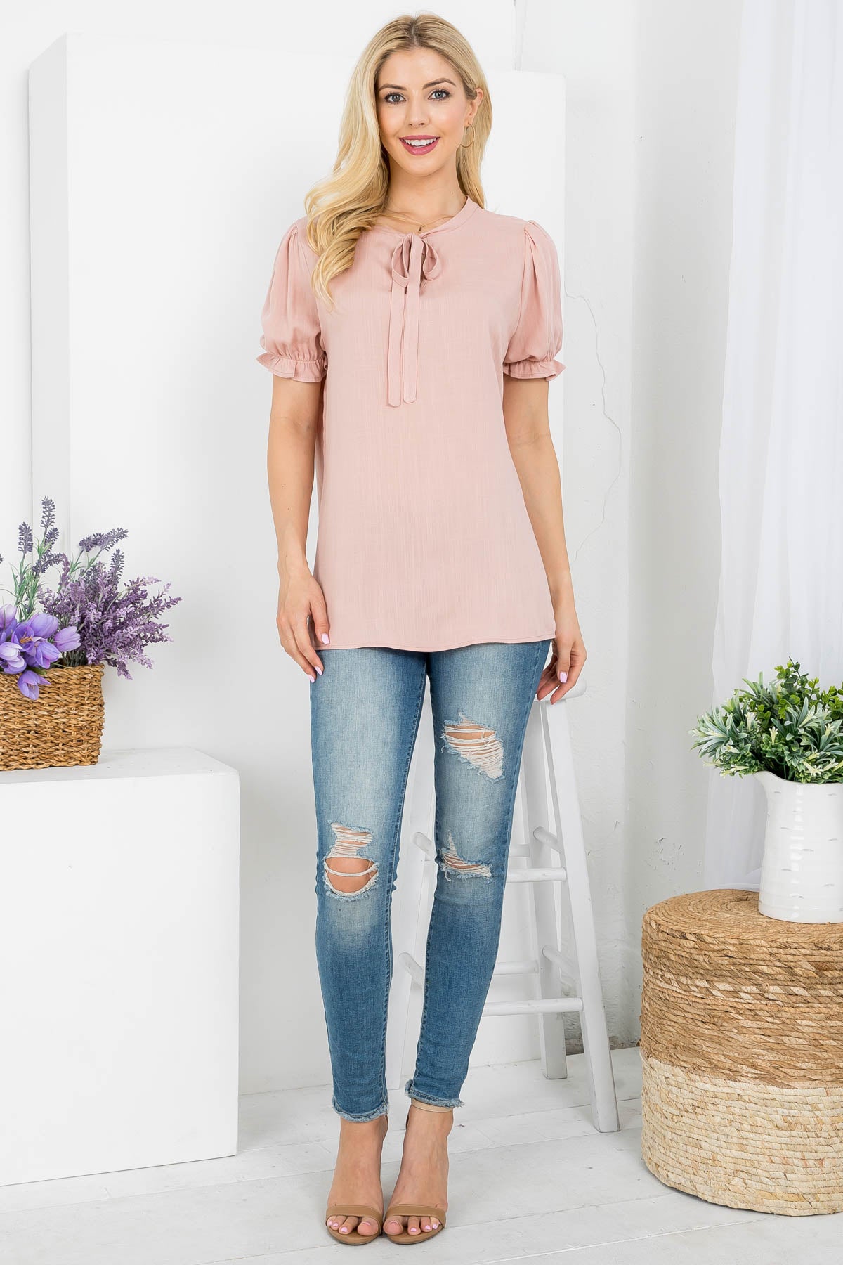 Tie front neck short sleeve woven top Dusty Rose