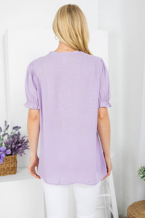 Tie front neck short sleeve woven top lilac