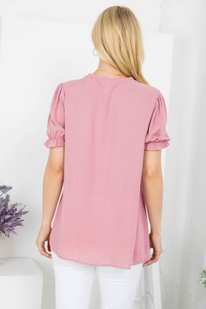 Tie front neck short sleeve woven top Mauve