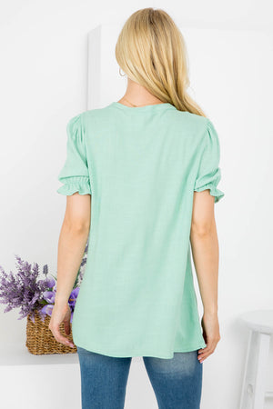 Tie front neck short sleeve woven top Sage