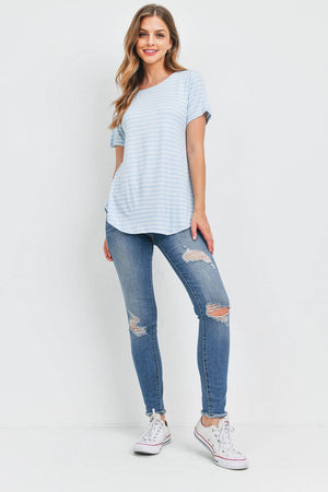 Short sleeve summer stripe button back baby blue