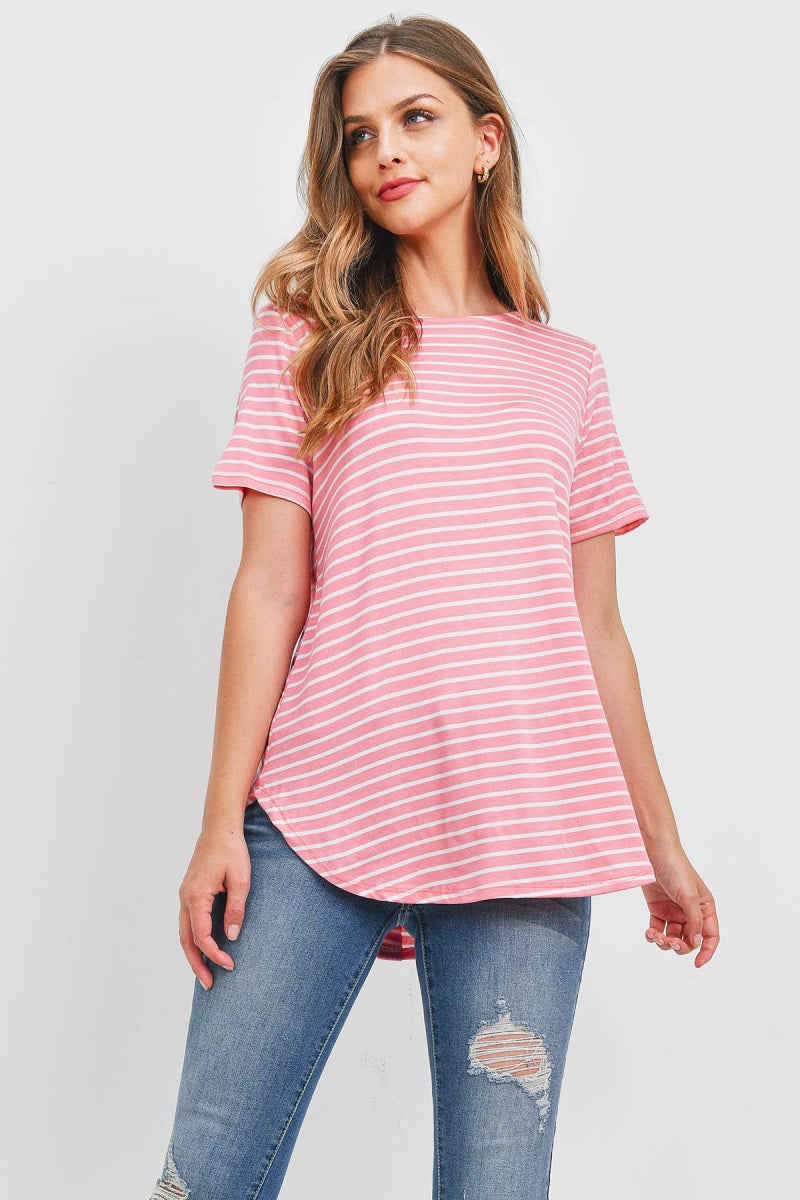 Short sleeve summer stripe button back Peach