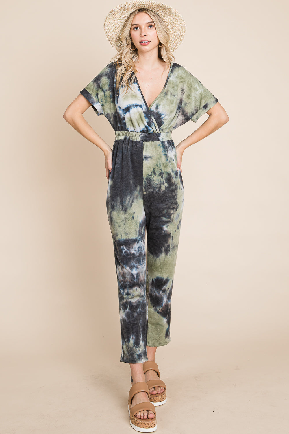 V Neck short sleeve french terry olive jumpsuit