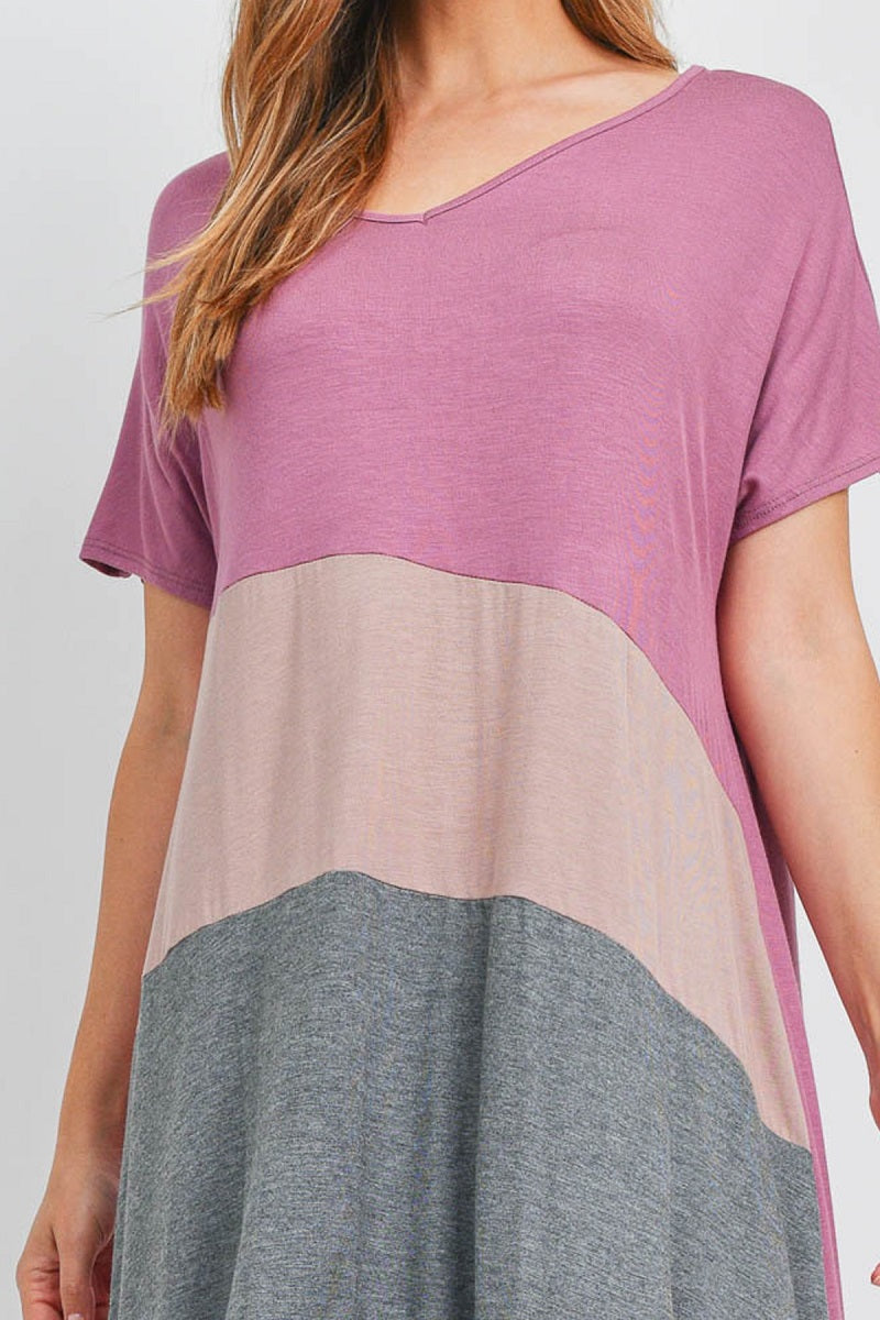 V neck color block dolman sleeve mauve dress