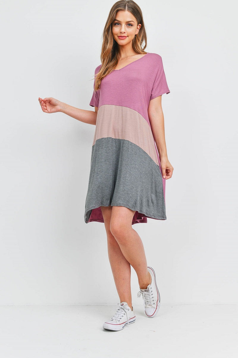 V neck color block dolman sleeve mauve dress