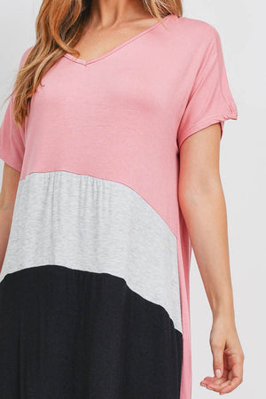 V neck color block dolman sleeve rose dress