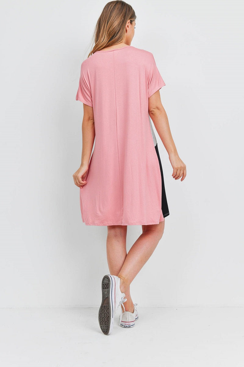 V neck color block dolman sleeve rose dress