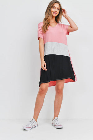 V neck color block dolman sleeve rose dress