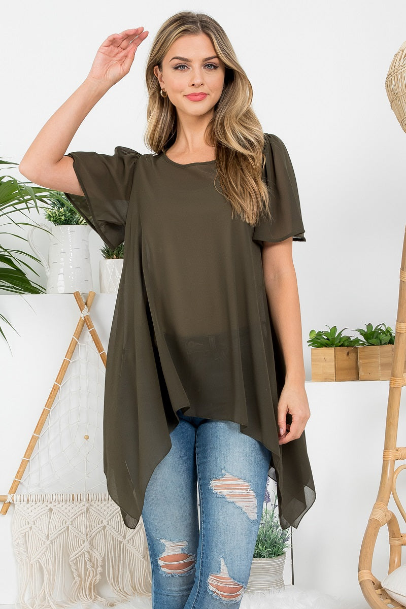 Shark bite chiffon top solid