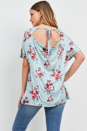 Short Sleeve v neck open back flower top Sage