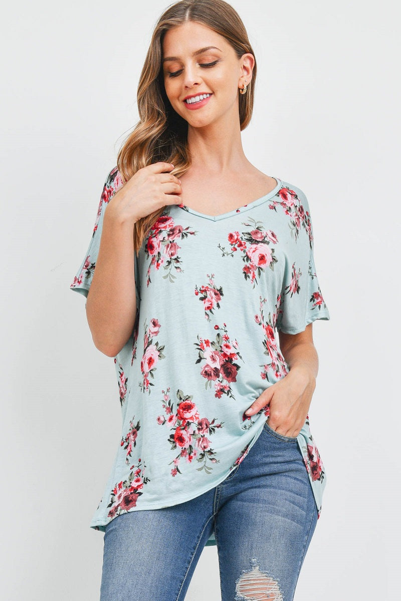 Short Sleeve v neck open back flower top Sage