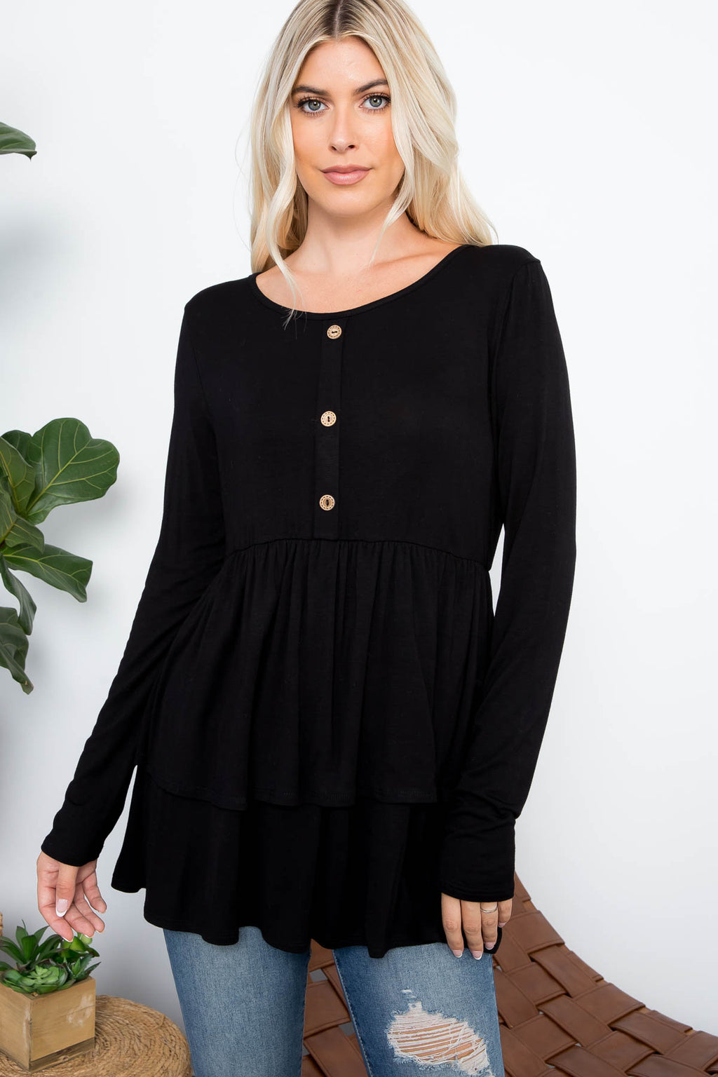 Double layered button front tunic top