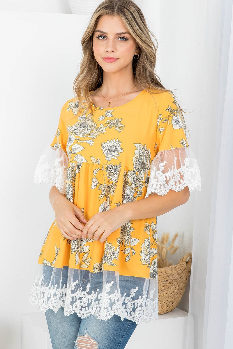 Lace round neck flower print top