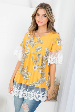 Short sleeve with lace trim round neck flower print top