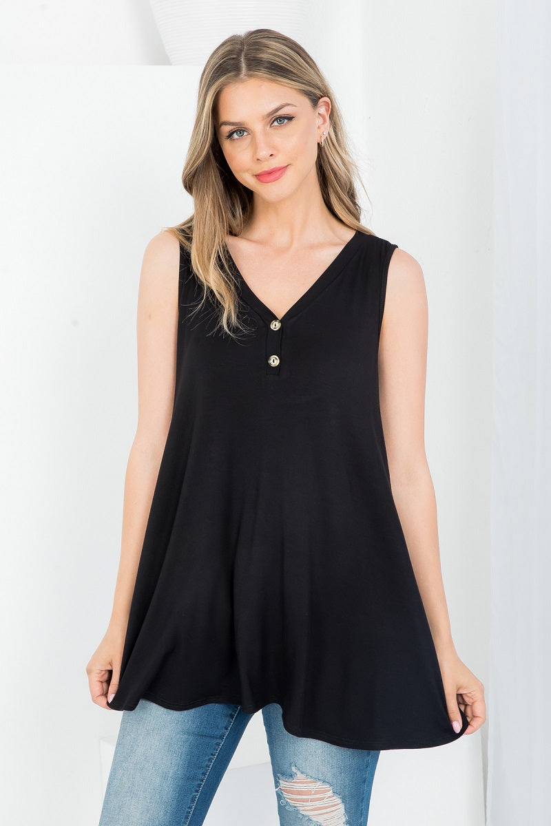 Sleeveless button front tunic top Black