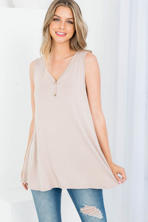 Sleeveless button front tunic top Stone