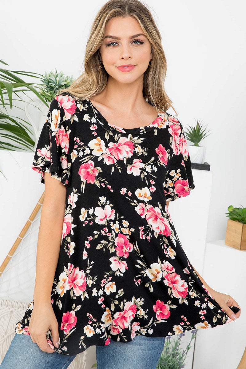 Twist neck band flower print open back top Black