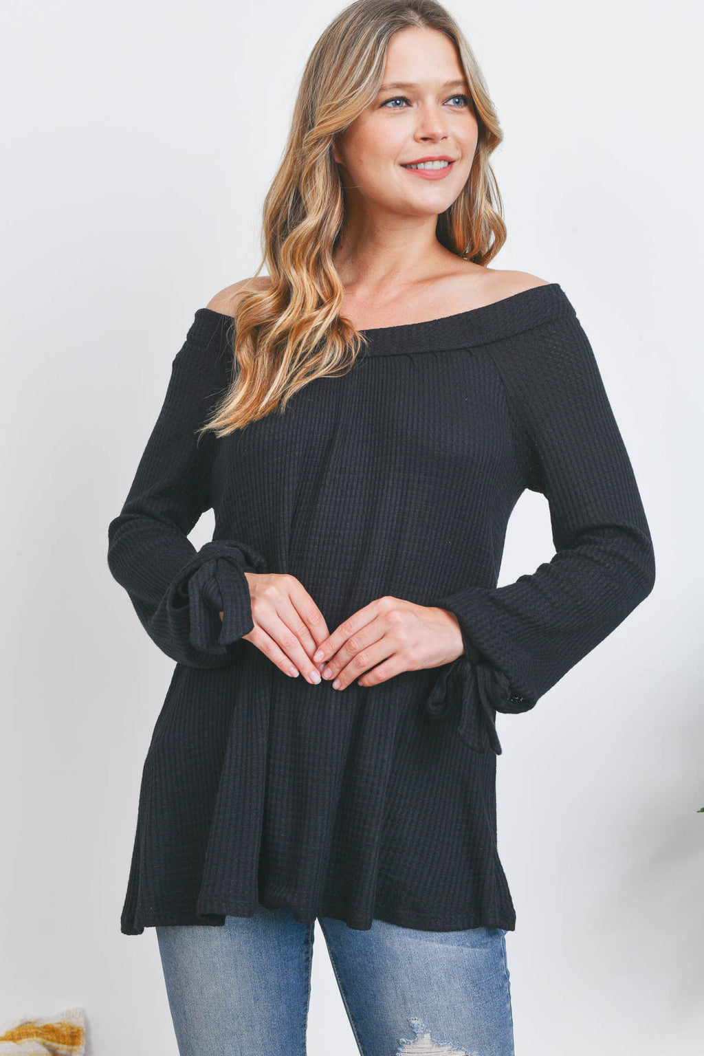 Off shoulder long sleeve waffle black top