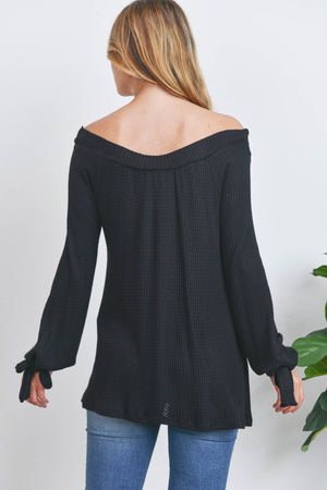 Off shoulder long sleeve waffle black top