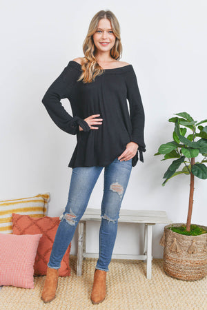 Off shoulder long sleeve waffle black top