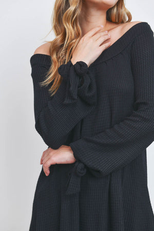 Off shoulder long sleeve waffle black top