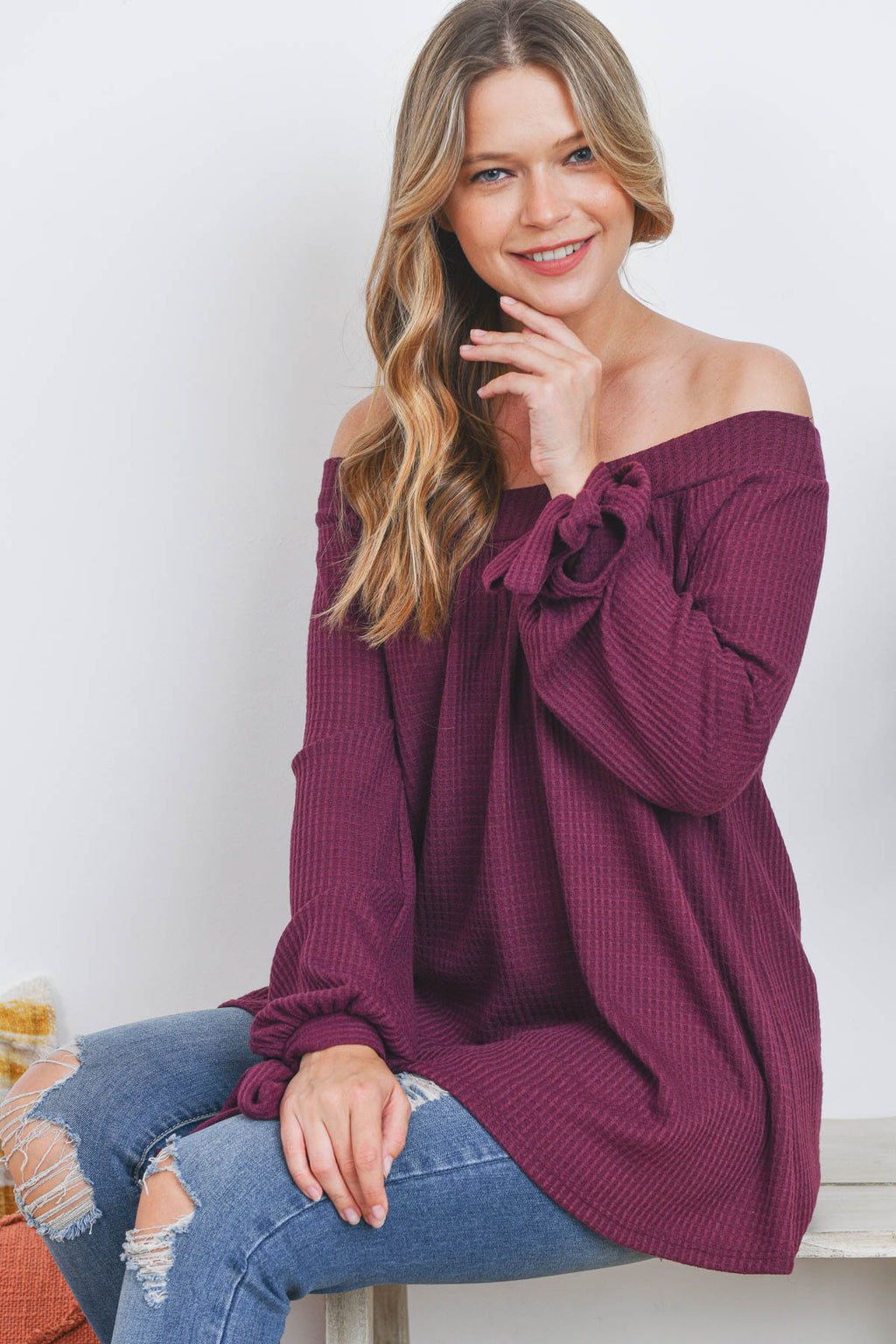 Off shoulder long sleeve waffle burgundy top