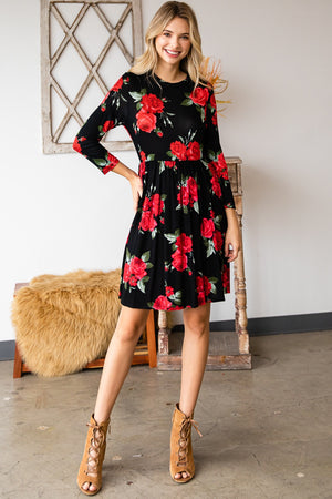 Round neck empire waist comfy dress black flower print