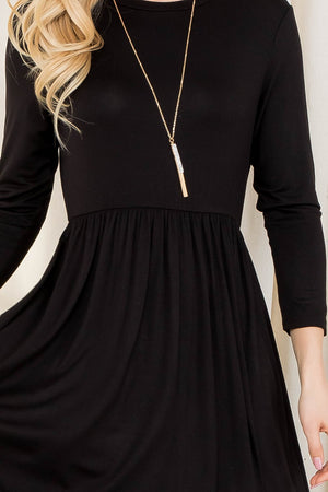 3/4 sleeve crew neck elastic waist black dress