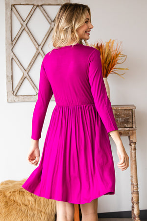 3/4 sleeve crew neck elastic waist magenta dress