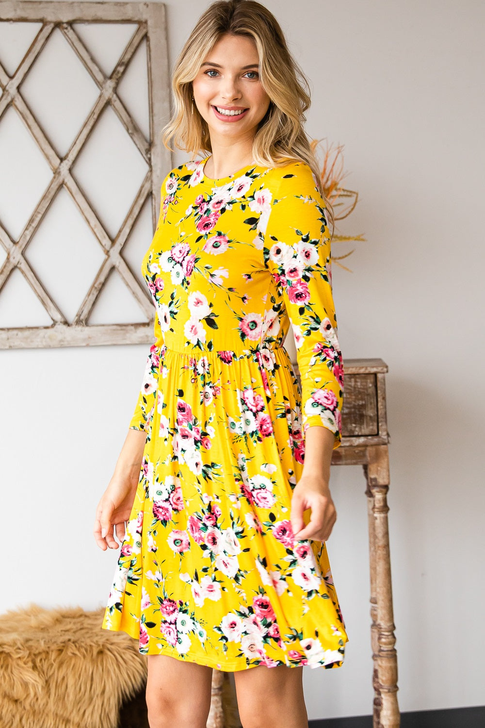 Round neck empire waist comfy dress mustard flower print